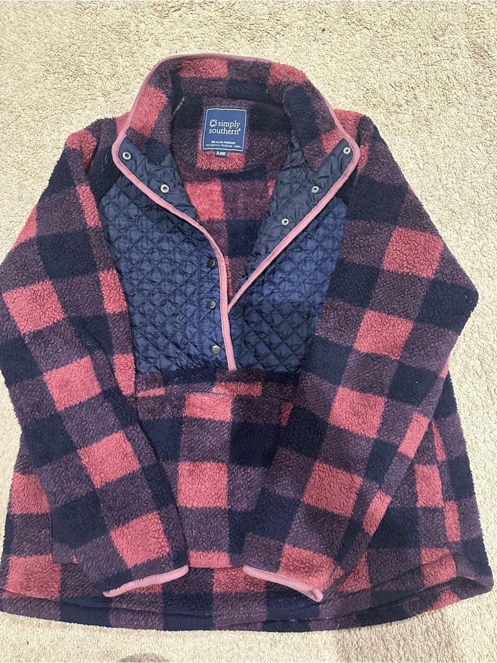 Simply Southern Pink and Navy Buffalo Plaid Quilted Pullover
